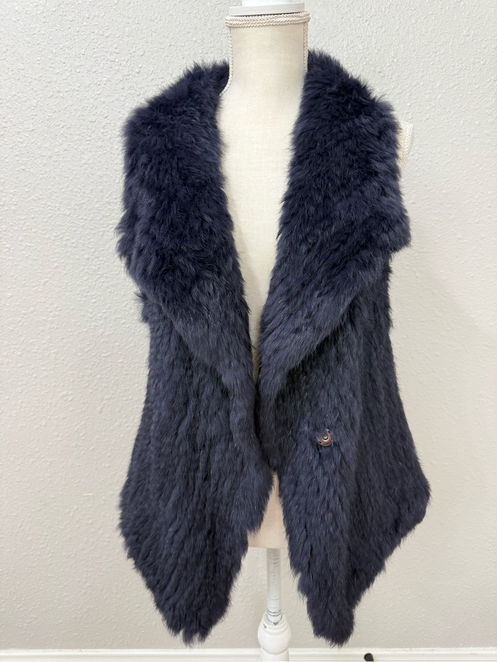Dolce Cabo Real Rabbit Fur Knit Vest Navy Blue Size M-L Open Front Luxury